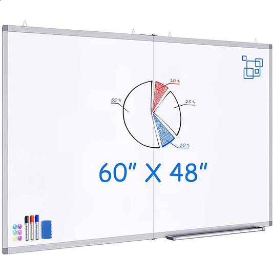White Board Dry Erase 60x48, Large Magnetic Whiteboard Maxtek Dry Erase Boards for Wall, Aluminum Presentation Wall-Mounted Marker Board with a Long Pen Tray for School, Classroom, Office & Home