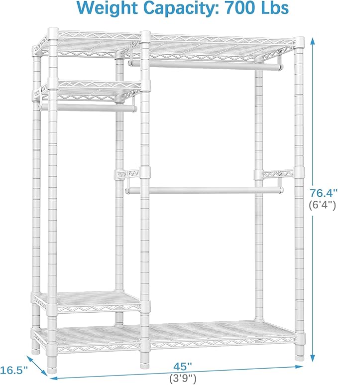VIPEK V2 Garment Rack Metal Clothing Racks for Hanging Clothes with 4 Tiers Wire Shelving & 3 Hanging Rods, Free Standing Closet Wardrobe, 45" L x 16.5" W x 76.4" H, Max Load 700LBS, White