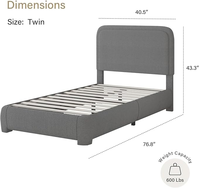 BarnFurin Twin Size Bed Frame, Boucle Upholstered Platform Bed Frame with Headboard, Modern Style, Soft Rounded Corners, No Box Spring Required, Easy Assembly, Dark Grey