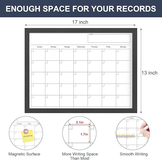 Dry Erase Calendar for Wall, 17x13 Inches Calendar Whiteboard for Wall, Small Magnetic Monthly White Board with Wood Framed, Hanging Dry Erase Board for Kitchen Home Office School Planner