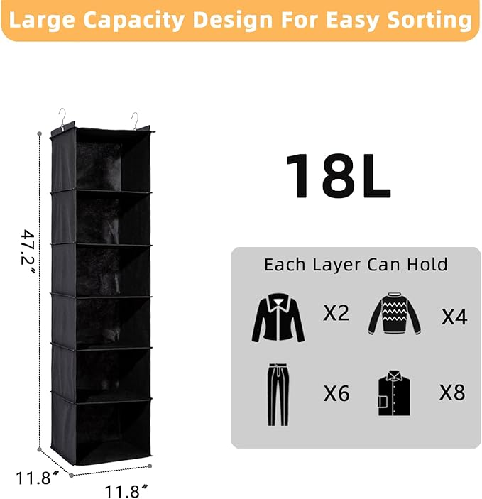 6-Shelf Hanging Closet Organizer and Storage, Collapsible Hanging Shelves for Closet with 2 Side Pockets, Hanging Shoe Organizer to Saving Space,Black