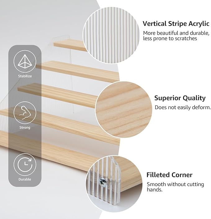 nianfeng Tiered Spice Rack, 5-Tier Spice Pantry Kitchen Cabinet Organizer, 19.9-Inch, Natural Wood Acrylic Stair Riser Stand, Countertop Seasoning Shelf