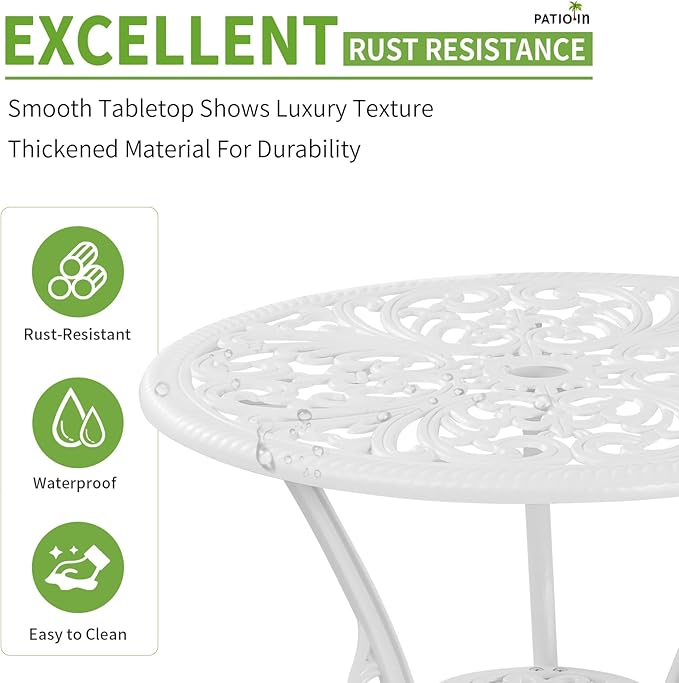 Outdoor Bistro Table and Chairs Set of 2, White Metal Patio Bistro Set, Cast Aluminum Bistro Set 3 Piece Outdoor with Umbrella Hole, 3 Piece Outdoor Bistro Set for Balcony Garden Porch