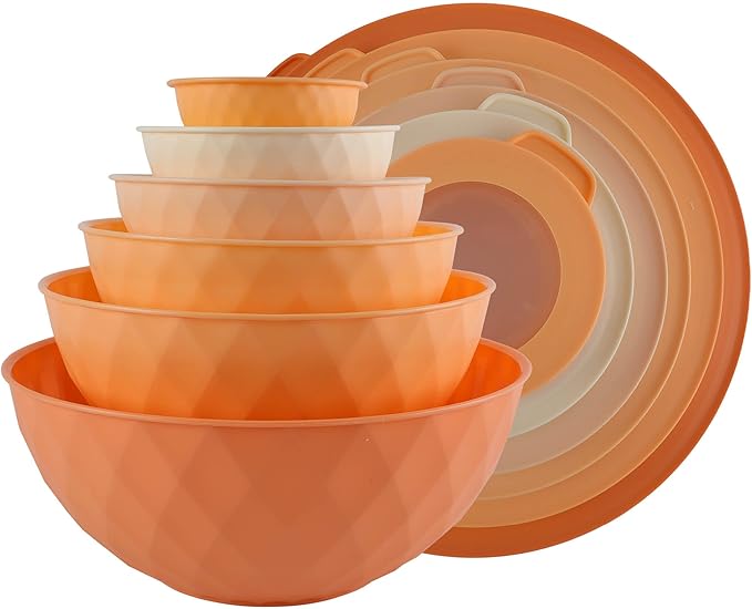 COOK WITH COLOR Mixing Bowls with Lids - 12 Piece Plastic Nesting Bowls Set includes 6 Prep Bowls and 6 Lids, Diamond Design - Microwave Safe (Mint)