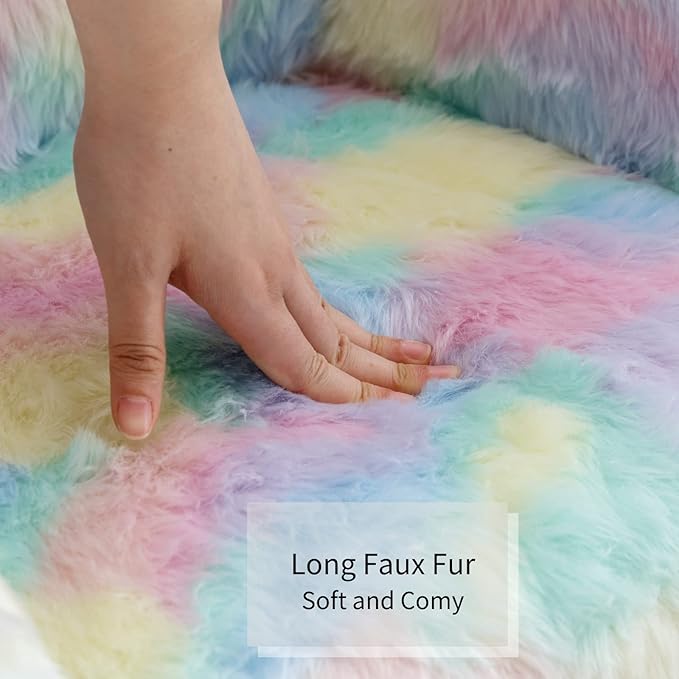 HEAH-YO Swivel Kids Chair, Adjustable Desk Chair with Armrest and Back, Cute Faux Fur Study Chairs for Boys and Girls, Rainbow Color