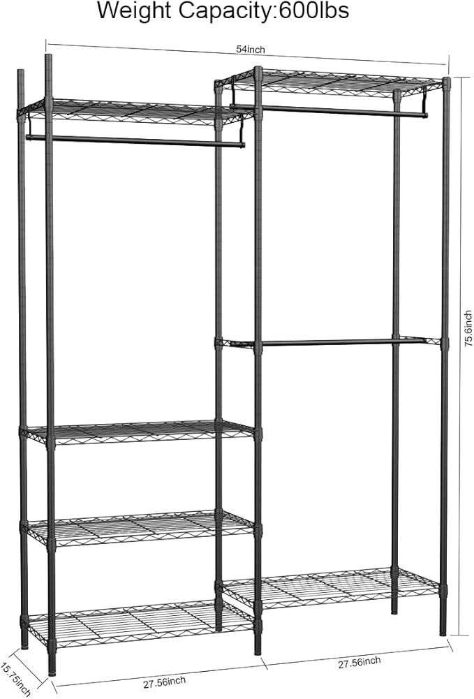 XIOFIO Heavy Duty Garment Rack, Metal Clothing Rack with 3 Hanging Rods and 6 Adjustable Shelves, Freestanding Open Wardrobe Organizer for Hanging Clothes,54"L x 16.5"W x 76.7"H Max Load 600LBS, Black
