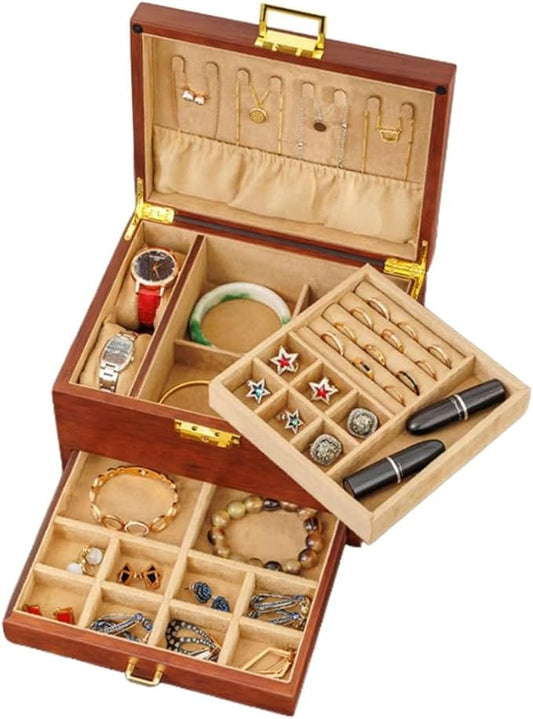 Bescott 3 Layer Solid Wooden Jewelry Box for Women Real Wood Vintage Jewelry Organizer Storage for Earrings Rings Necklaces Bracelet Watch Men