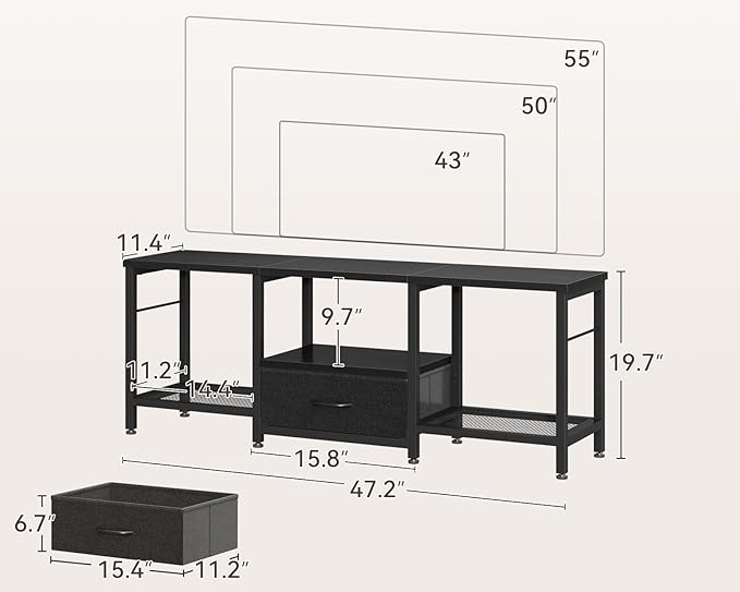 Casaottima 47" TV Stand with Open Storage Shelves up to 55 Inch TVs, Entertainment Center with Fabric Drawers, TV Console Table with Soundbar Shelf TV Stand for Living Room Bedroom, Pure Black