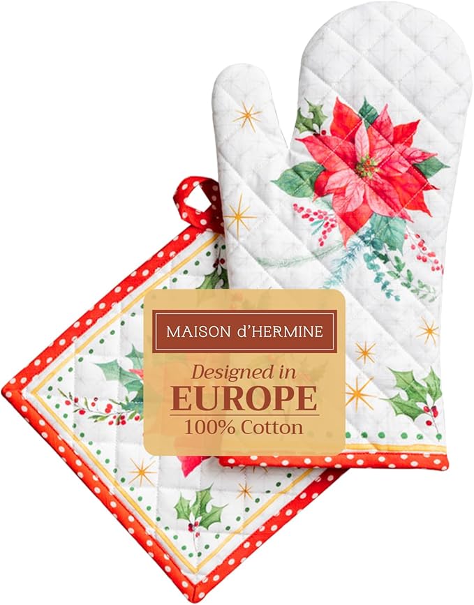 Maison d' Hermine 100% Cotton Oven Mitt & Pot Holder Set (7.5"x13" & 8"x8") Heat Resistant BBQ Cooking Gloves with Loop for Thanksgiving Christmas Decorations Handling Hot Pans (Poinsettia Christmas)