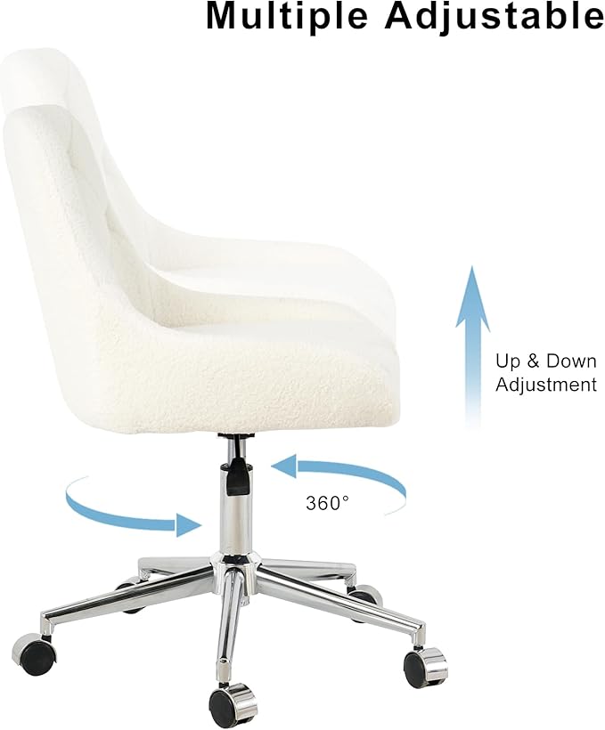 Furnimart 360° Swivel Rolling Desk Chair, Height Adjustable Vanity Chair with Silver Legs, Cute Task Chair with Wheels for Dorm Bedroom Studying Small Places (Teddy Beige)