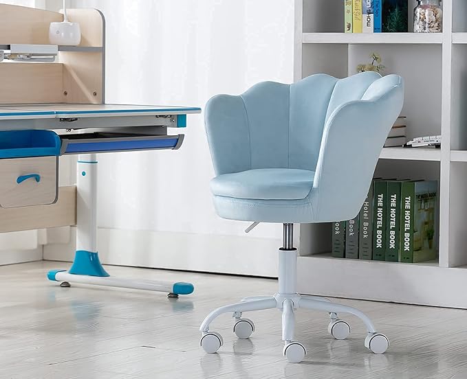 chairus Cute Kids Desk Chair Velvet Living Room Accent Armchair Upholstered Teens Vanity Chair with Seashell Back, Adjustable Swivel Children Study Chair for Computer Homework, Blue