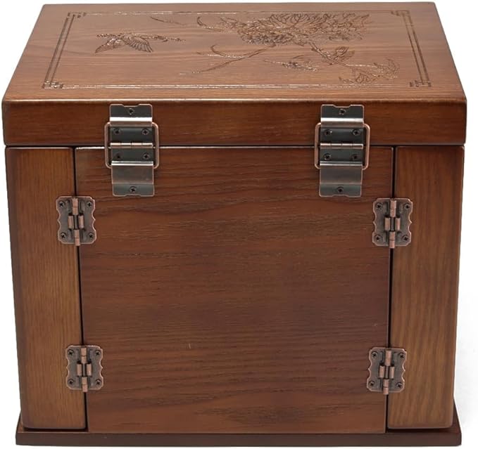 FEECOZ Wooden Jewelry Box for Women, Jewelry Storage Box with Combo Lock for Jewelries, Necklaces, Rings, Vintage Style 4-drawer Organizer Box with Mirror (Dark Brown)