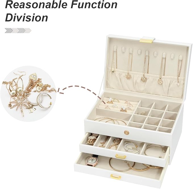 Jewelry Organizer Box for Women Girls, 3-Layer Jewelry Case with 2 Drawers Jewelry Storage Box for Ring Earrings Bracelets Necklaces(White)