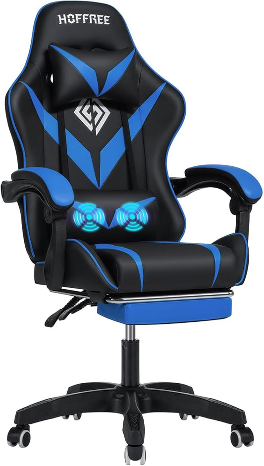 HOFFREE Massage Gaming Chair for Kids Computer Gamer Chair with Footrest and Lumbar Support Reclining PC Game Chair with Headrest for Gaming Room Blue and Black