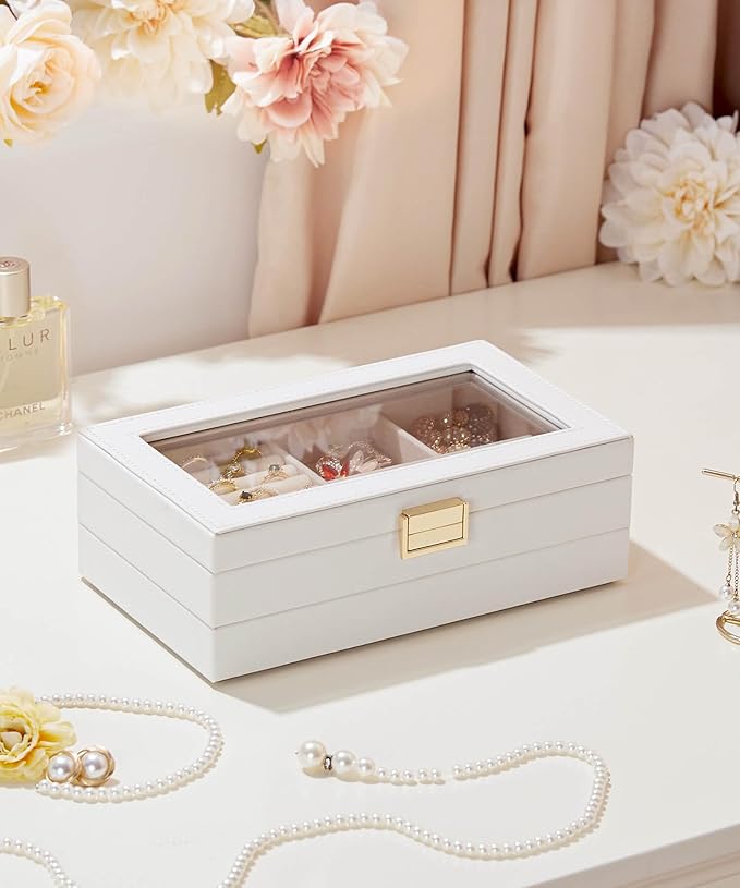 Homde Jewelry Tray Stackable Jewelry Box with Glass Lid, Removable Dividers for Vanity Table Gift Idea for Girls and Women (White)
