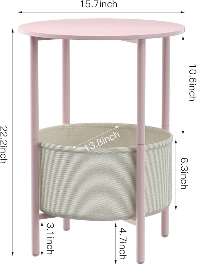 Round End Table with Fabric Basket, Bedside Table with Storage, Morden Round Nightstand, Samll Side Table for Living Room，Bathroom，Bedroom, Nursery, Laundry, Pink