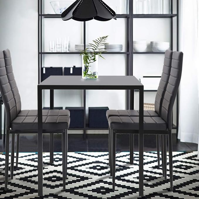 PayLessHere Dining Room Table Set 5-Piece Kitchen with 4 Faux Leather Metal Frame Chairs Rectangular Modern for Small Spaces w/Glass Tabletop Kitchen Table and Chairs, Black Glass
