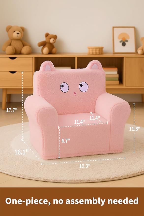 Cute Animal Toddler Foam Chair, Soft Faux Rabbit Fur, Removable Washable Cover, Kids Reading, Watching TV, or Relaxing, for Playroom, Bedroom, Living Room, 1-3 Years Old, Pink Cat