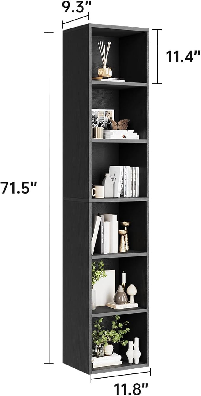 oneinmil 71.5" Tall Narrow Bookshelf, 6-Tier Cube Display Rack, Modern Corner Bookshelf with Storage Space, CD Storage Cabinet for Home Office (Black 1 Pack, 6-Tier)