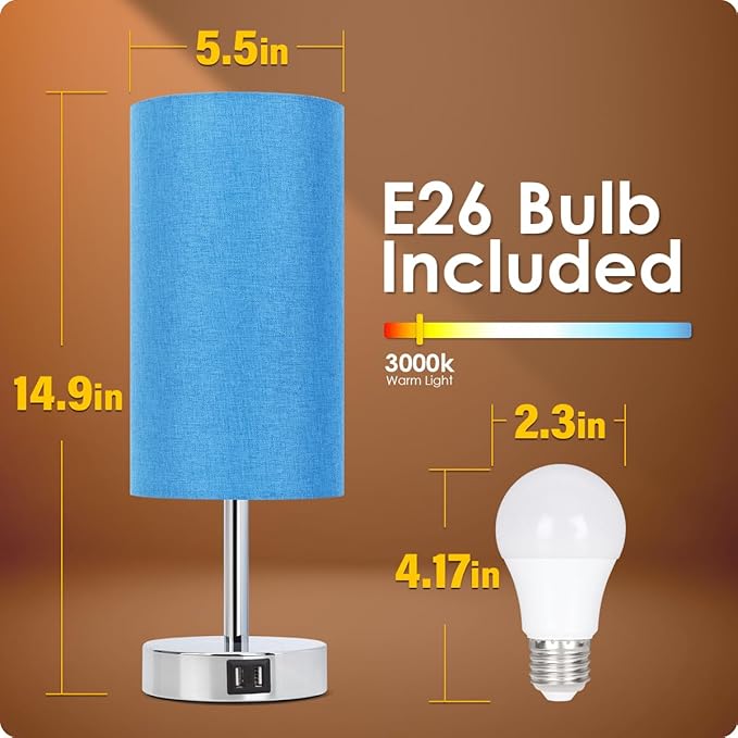 Yarra-Decor Blue Fabric Shade Touch Control Table Lamp with USB Ports, 3 Way Dimmable Nightstand Lamp for Bedroom, Living Room, Kids Room, College Dorm, Office