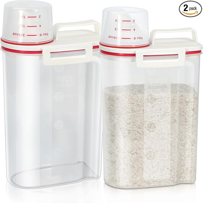 TBMax 2 Pack Rice Storage Containers 4 Lbs, Small Rice Dispenser with Measuring Cup, Cereal Containers Flour Bin, Kitchen Food Storage Container and Pantry Organizers, Pet Dog Cat Food Dispenser