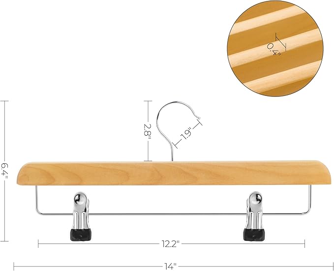 SONGMICS Wooden Pants Hangers 8 Pack, Pants Hangers with Adjustable Anti-Rust Metal Clips, 360° Swivel Hook, Skirt Hangers for Pant, Skirts, Natural Grain UCRW008-8