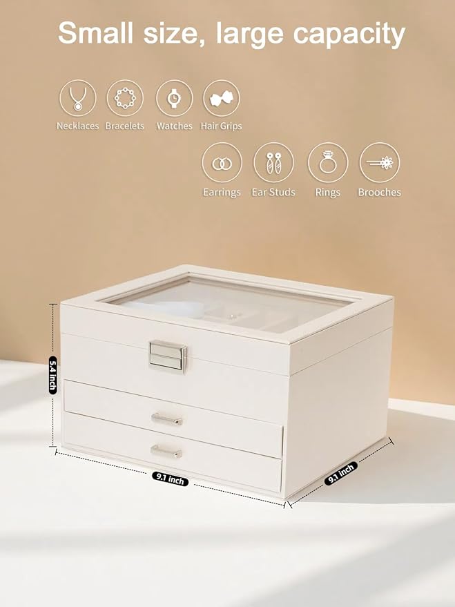 Clear Lid Jewelry Box,3 Layers Jewelry Organizer Large Multi-Functional Jewelry Storage Box with 2 Drawers,Jewelry Display Case of Rings Earrings Necklace Bracelets for Women Girls (Light gold)