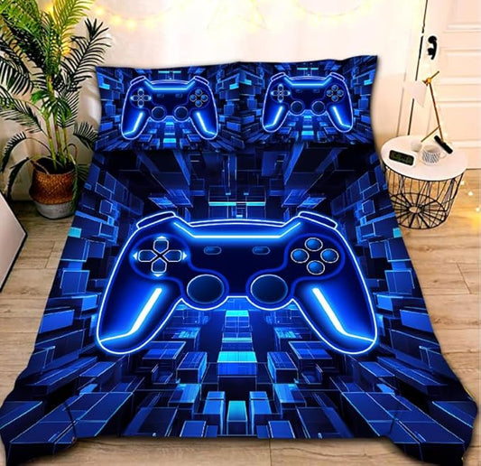 NTBED 5pcs Game Console Comforter Set for Boys Girls Kids Block Lightweight Microfiber Bedding Sets (Blue, Full)