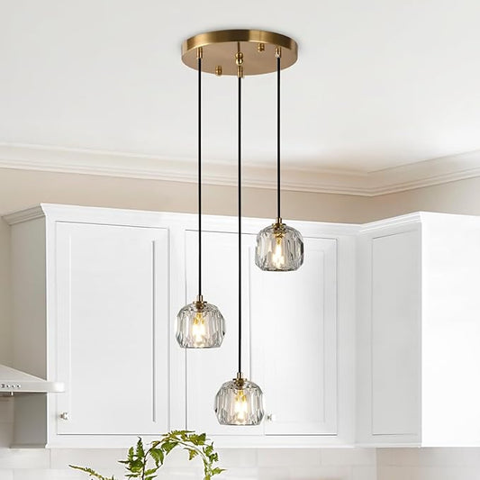 3 Light Pendant Light Fixtures, Crystal Pendant Lights Kitchen Island, Modern Hanging Lights Brushed Brass Cluster Pendant Lighting for Dining Room Bathroom