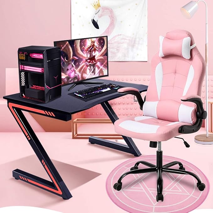 Gaming Chair Office Chair Desk Chair with Lumbar Support Flip Up Arms Headrest Swivel Rolling Adjustable PU Leather Racing Computer Chair for Girls,Pink