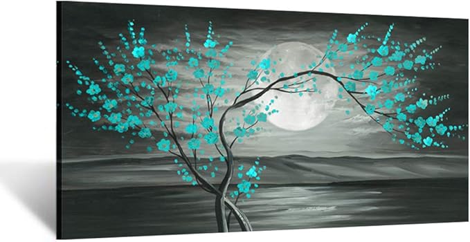 KREATIVE ARTS Large Canvas Prints Wall Art Grey and Teal Plum Blossom Tree and Full Moon Landscape Contemporary Painting for Home Living Room Decorations 20x40inch