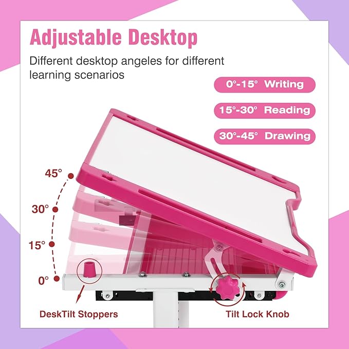 PayLessHere Kids Desk and Chair Set,Height Adjustable Study Desk for Kids with Pull Out Drawer Storage,Multi-function Study Desk and Chair for Writing, Reading and Drawing (Pink)