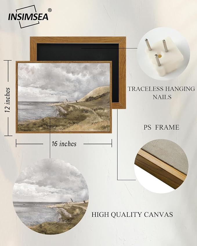 InSimSea Framed Canvas Wall Art Vintage Decor, Coastal Wall Art Danish Coast Nature Scenic Art for Bedroom, Wall Paintings, Farmhouse Office Bathroom Wall Decorations, 12"x16"