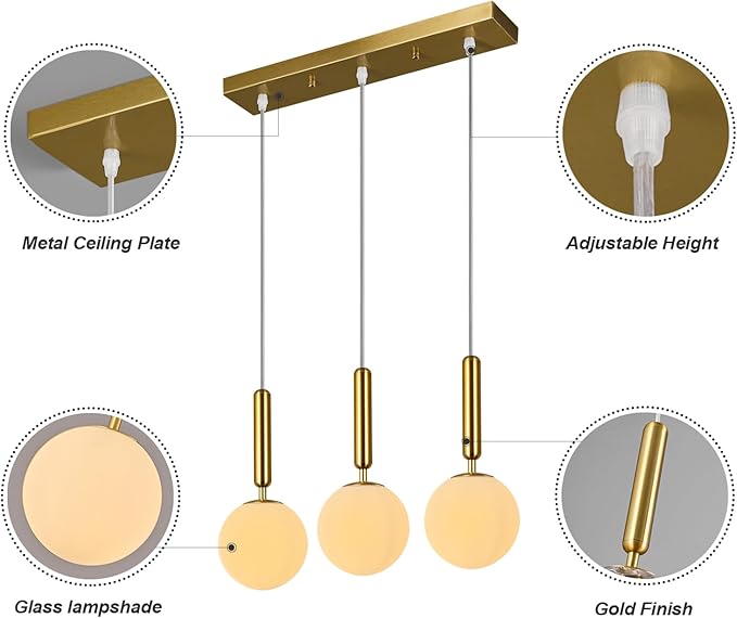 Modern Gold Pendant Light Hanging Fixture Light for Kitchen Island Mid Century with Globe Pendant Light Milk White Glass Pendant Lighting for Living Room Bedroom Entryway (3-Light)