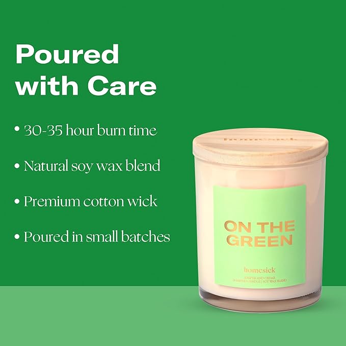 Homesick Scented Candles for Home (On The Green) - 7.5 oz Long-Lasting Natural Soy Wax Blend Jar Candle Gift for Women & Men for All Occasions, 30-35 Hours Burn Time - Notes of Juniper & Cedar