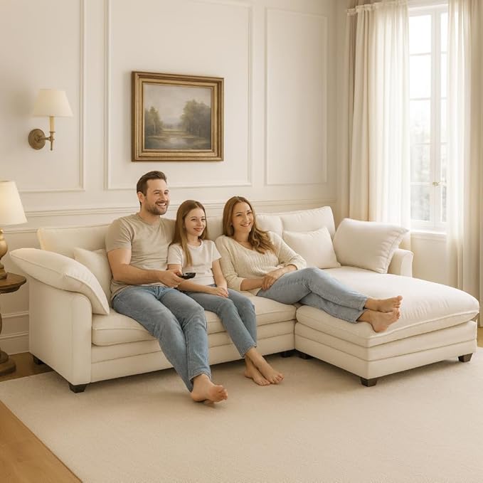 COMHOMA 120" L Shaped Sectional Sofa with Movable Ottoman,Comfy Cloud Modular Couch with Throw Pillows,Modern Chenille Deep Seat Sofa Couches for Living Room,Beige