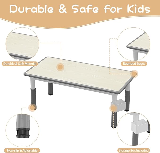 GarveeHome Kids Table and 6 Chairs Set, Height Adjustable Toddler Table and Chair Set, Graffiti Desktop, Children Study Play Dinner Table for Home Daycare Preschool for Ages 2-8, Grey