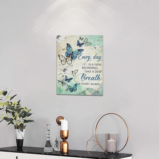 Teal Butterfly Floral Wall Decor - Farmhouse Butterfly Pictures Inspirational Quotes Canvas Prints Artwork Painting Modern Home Decorations For Bathroom Girls Bedroom Living Room