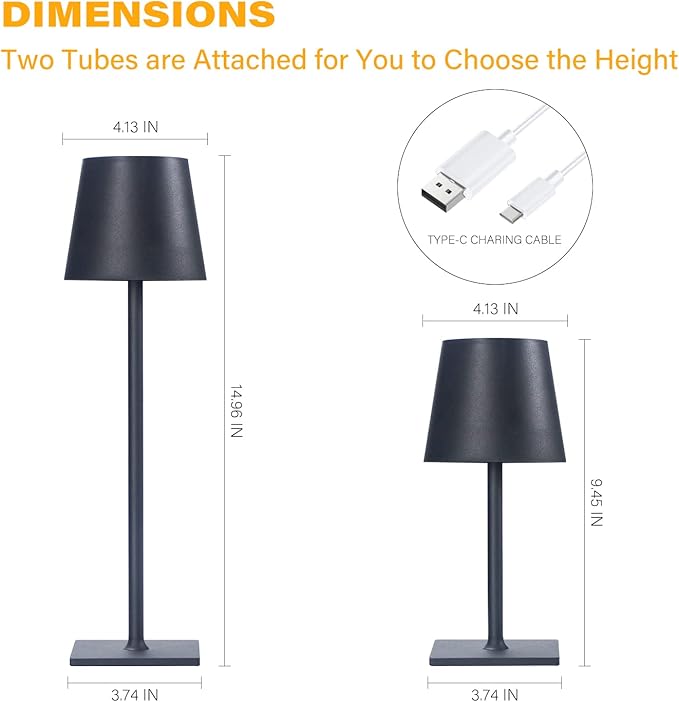 Cordless Table Lamps, 3 Colors Stepless Dimming, 5000mAh Rechargeable Battery LED Desk Lamp for Bedroom/Couple Dinner/Desk/Cafe/Dining Room/Terrace (Black 1 Pack)