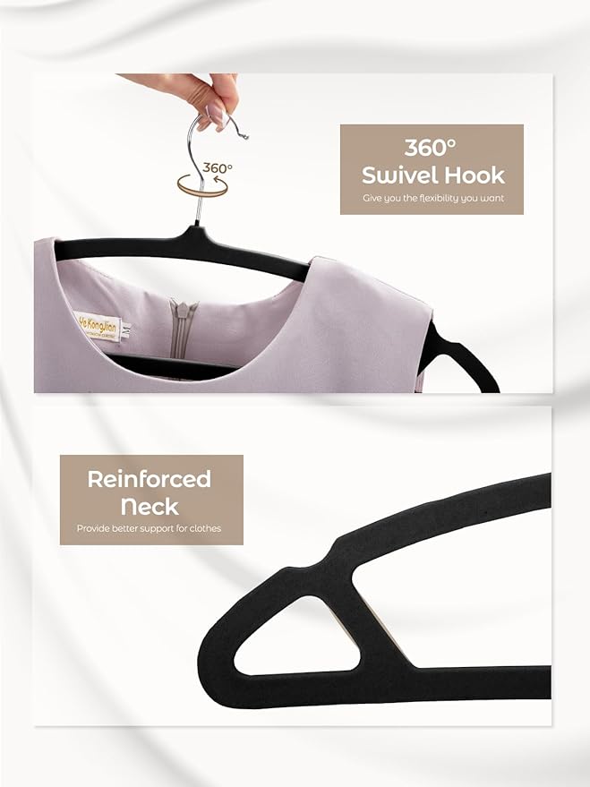 HOUSE DAY Black Velvet Hangers 60 Pack, Luxury Non Slip Felt Hangers, Space Saving Clothes Black Hanger Heavy Duty, No Shoulder Bump Focked Hanger with 360° Swivel Hook for Closet