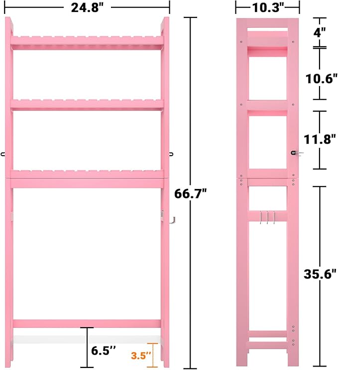 Homykic Bamboo Over The Toilet Storage Shelves, 3-Tier Above Toilet Storage Organizer Rack with 3 Hooks, Freestanding Bathroom Tower Shelf Unit for Small Space, No Rust, Easy to Assemble, Pink