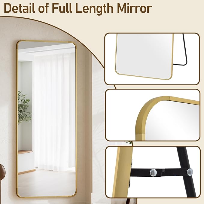 BEAUTYPEAK Gold Full Length Mirror, 65"x24" Rounded Corner Floor Mirror Standing Hanging or Leaning Against Wall, Suitable for Bedroom or Dressing Room