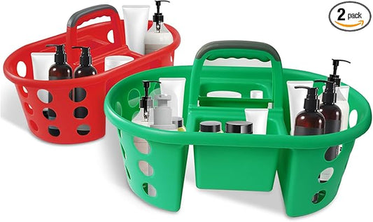 Large Shower Caddy Portable 2PC - Made in USA Plastic Jumbo Size Dorm Storage Candy Tote with Handle Shower Organizer for Bathroom, Pantry, Kitchen, College Dorm, Green/Red