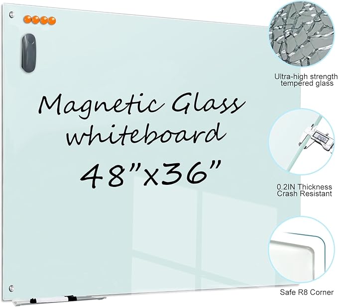 Glass Dry Erase White Board - Magnetic Glass Whiteboard 48"X36" Frameless Boards with Super Strong Magnets, Wall Mounted for Office, School and Home