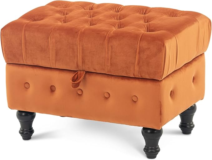 Artechworks Rectangular Storage Coffee Table Ottoman,Button Tufted Velet Upholstery Footstool Bedroom Ottoman for Living Room, Home Office, Space-Saving Storage Toy Box Stool, Caramel