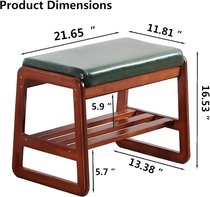 Shoe Rack Bench, Solid Wood Entryway Bench, Shoe Bench with Cushion Padded Seat for Entry, Hallway (Green-21.65")