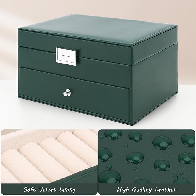 DesignSter Jewelry Organizer Box, 2 Layers Large Jewelry Box with Travel Jewelry Case, Leather Jewelry Storage Case for Rings Earrings Bracelets Necklaces (Green)