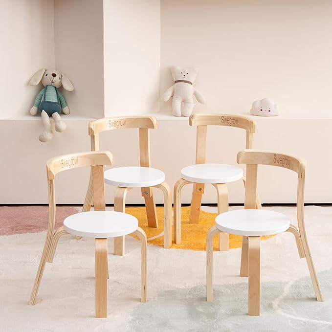 Swegrow Wooden Kids Chair, Toddler Chair for Table, Kids Stackable Chairs, Kid Wooden Furniture for Family/Playroom/Classroom（Set of 4-White）