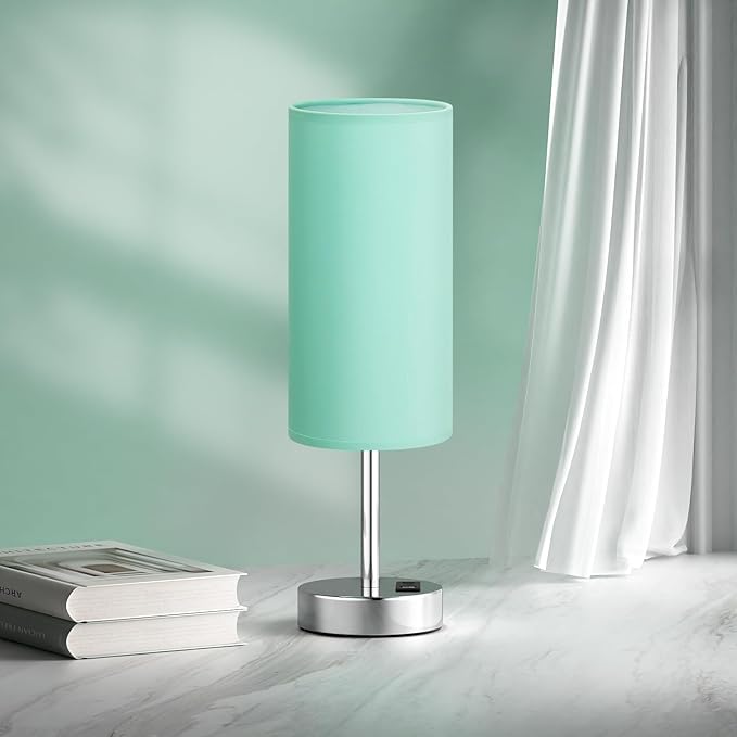 Teal Touch Bedside Lamps for Bedroom - Small Coastal Nightstand Lamp with USB-C and USB A Charging Ports, 3 Way Dimmable Control Table Lamp for Office, Dorm with Fabric Shade Silver Base