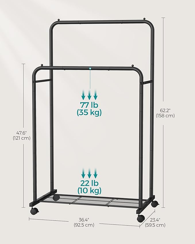 SONGMICS Double Rods Clothes Rack with Wheels, Clothing Rack for Hanging Clothes, Heavy Duty Garment Rack with Mesh Storage Shelf, 2 Brakes, Each Top Rail Holds up to 77 lb, Black UHSR26BKV1